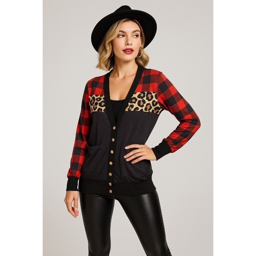 Womens Relaxed Statement Cardigan Eclectic Grandpa Leopard Print SMALL Black